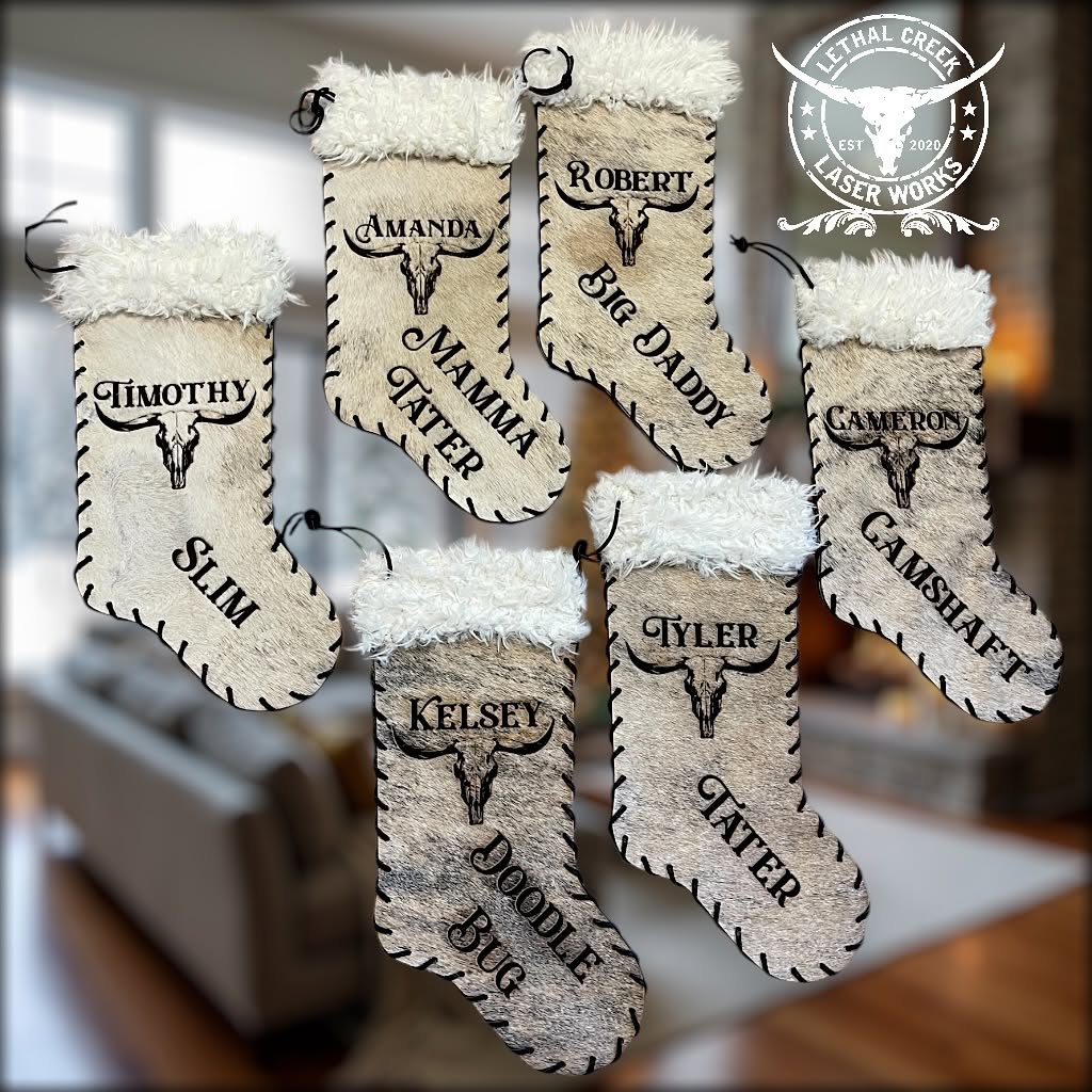 Custom western cowhide Christmas stockings featuring leather stitching, fur tops and personalized designs