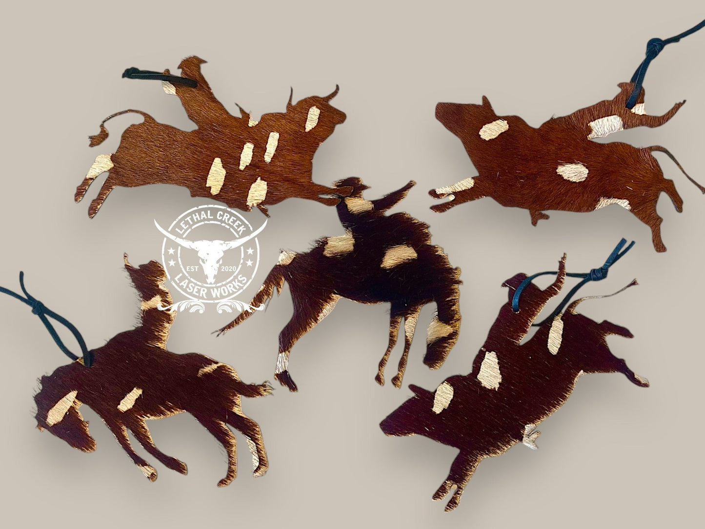 DEER PRINT COWHIDE ORNAMENT SET OF 5 -  custom laser engraved cowhide and leather western decor by Lethal Creek Laser Works LLC