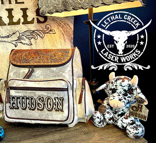 Diaper Bag and Cow Plushie Combo -  custom laser engraved cowhide and leather western decor by Lethal Creek Laser Works LLC