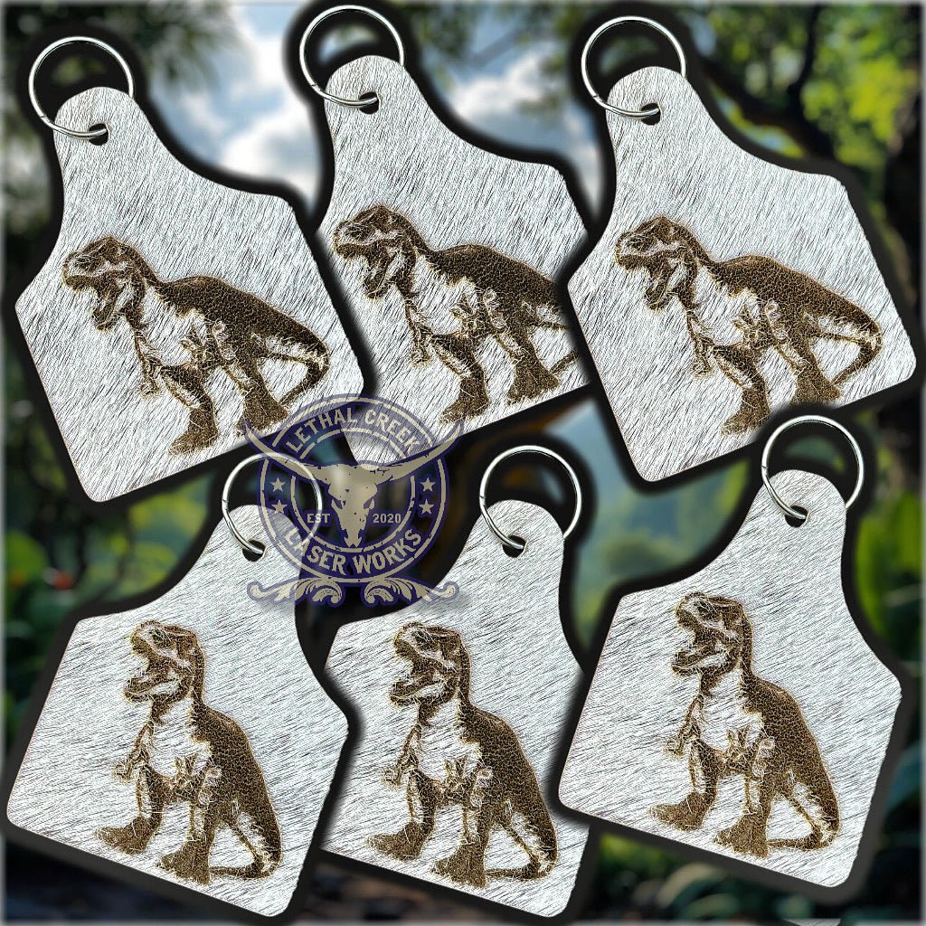 DINO BAG TAG -  custom laser engraved cowhide and leather western decor by Lethal Creek Laser Works LLC