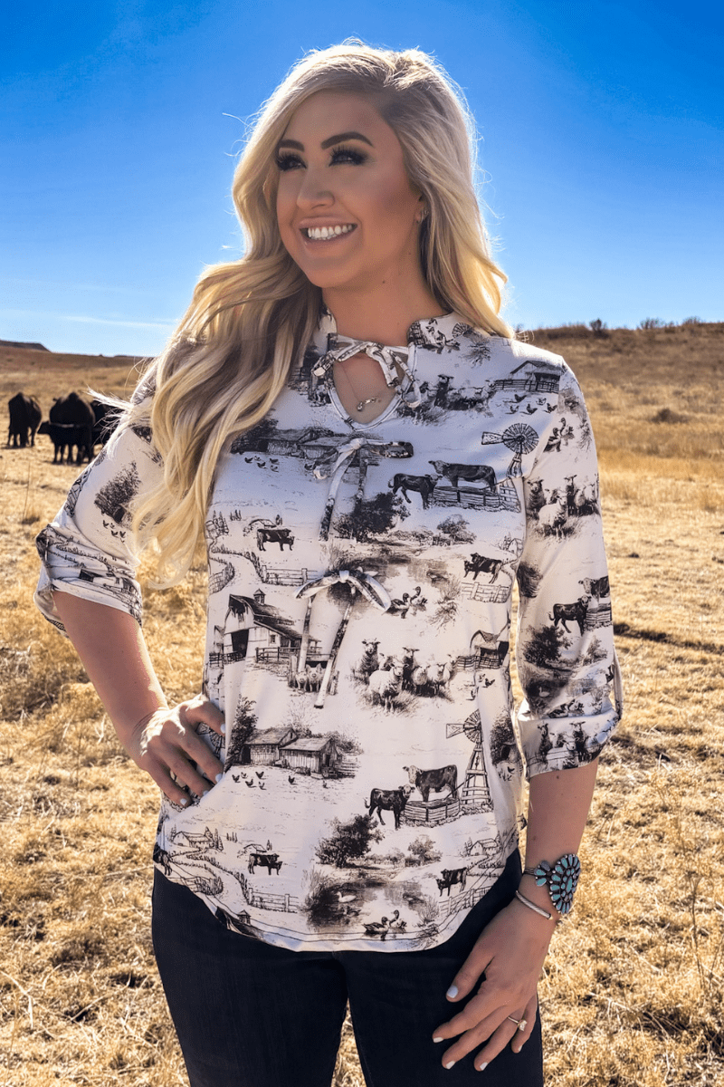 Farm Fresh Toile Bow Top -  custom laser engraved cowhide and leather western decor by Lethal Creek Laser Works LLC