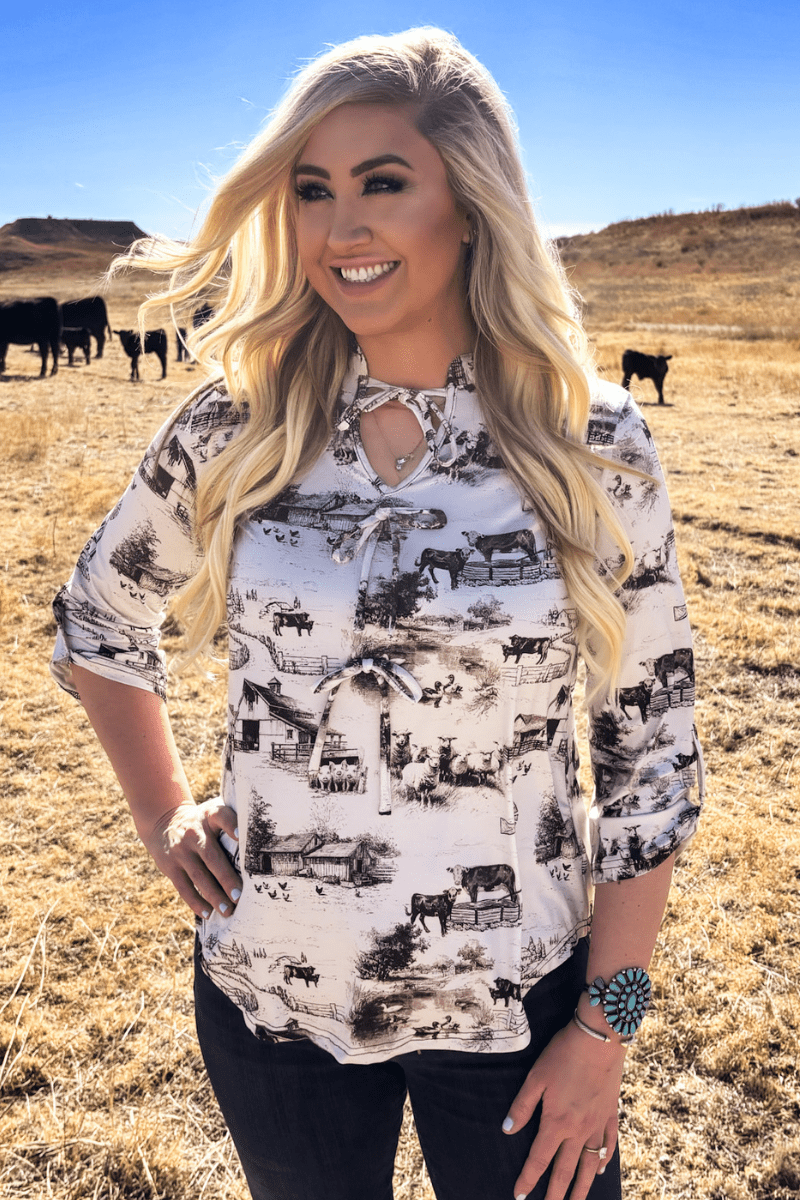 Farm Fresh Toile Bow Top -  custom laser engraved cowhide and leather western decor by Lethal Creek Laser Works LLC