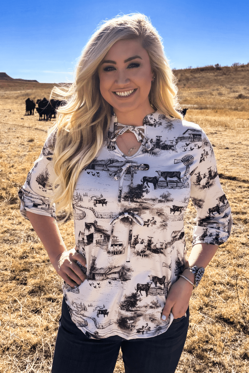 Farm Fresh Toile Bow Top -  custom laser engraved cowhide and leather western decor by Lethal Creek Laser Works LLC