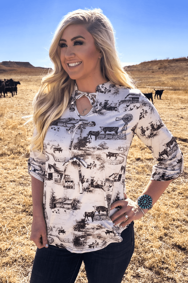Farm Fresh Toile Bow Top -  custom laser engraved cowhide and leather western decor by Lethal Creek Laser Works LLC