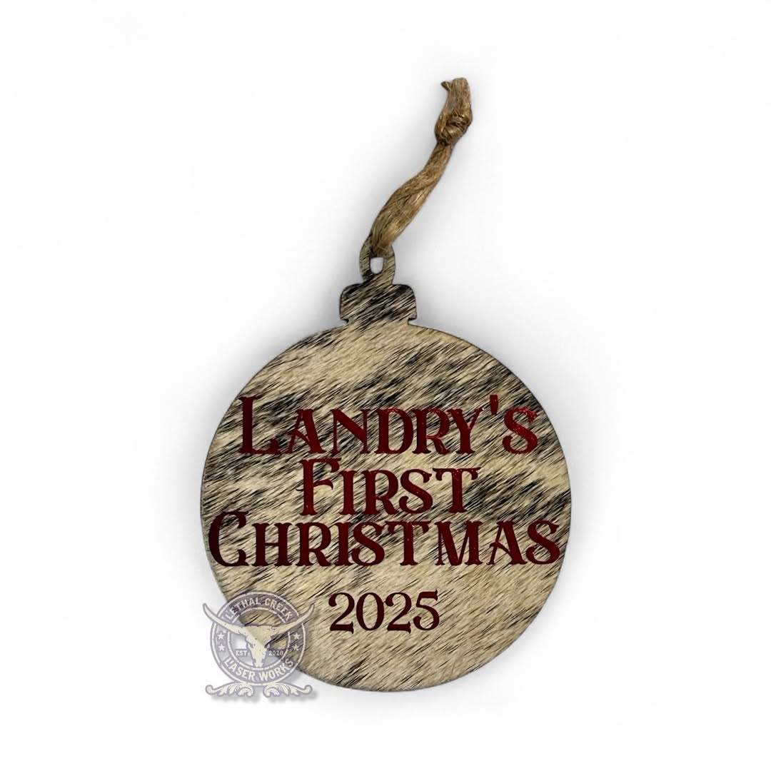 Custom First Christmas genuine cowhide keepsake ornament with personalized full-color vinyl