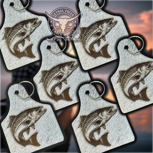 FISH BAG TAG -  custom laser engraved cowhide and leather western decor by Lethal Creek Laser Works LLC