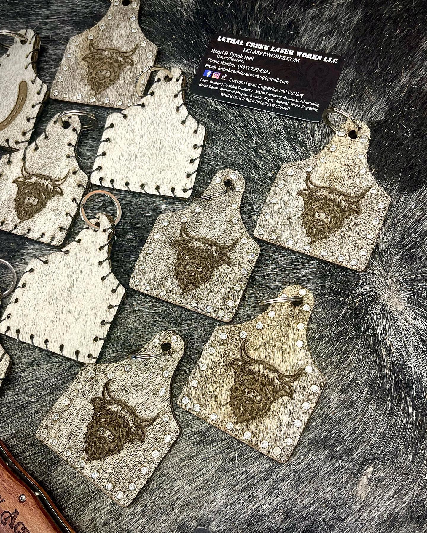 Get Branded Cowhide Bag Tag (Highland) -  custom laser engraved cowhide and leather western decor by Lethal Creek Laser Works LLC