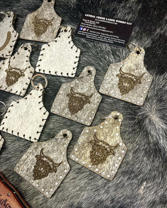 Get Branded Cowhide Bag Tag (Highland) -  custom laser engraved cowhide and leather western decor by Lethal Creek Laser Works LLC