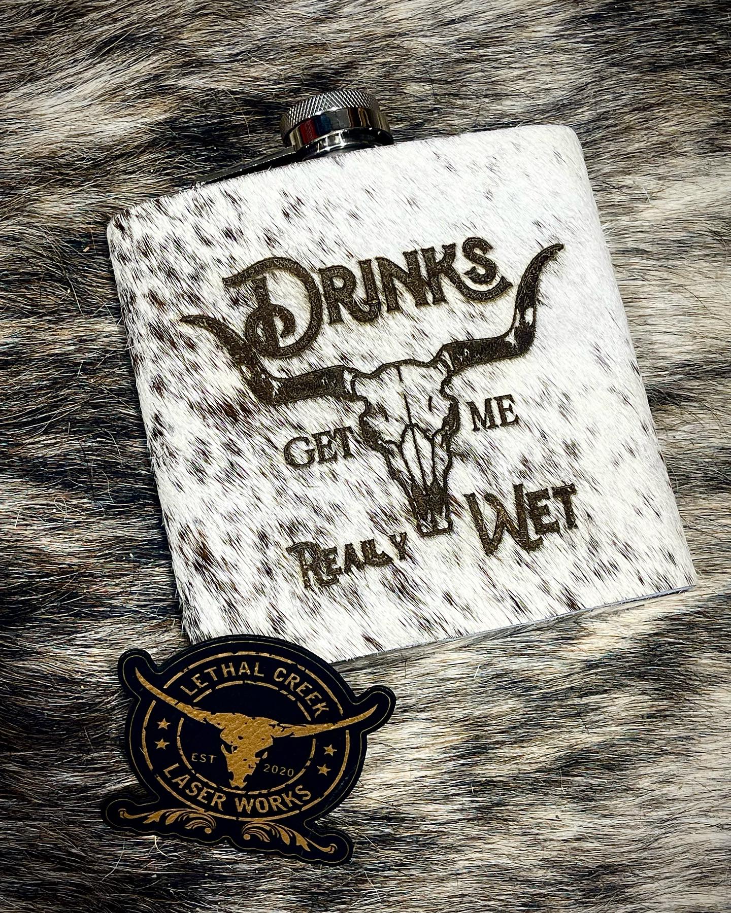 Get Branded Cowhide Flasks 8oz -  custom laser engraved cowhide and leather western decor by Lethal Creek Laser Works LLC
