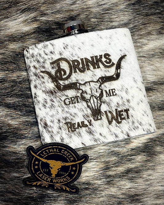 Get Branded Cowhide Flasks 8oz -  custom laser engraved cowhide and leather western decor by Lethal Creek Laser Works LLC
