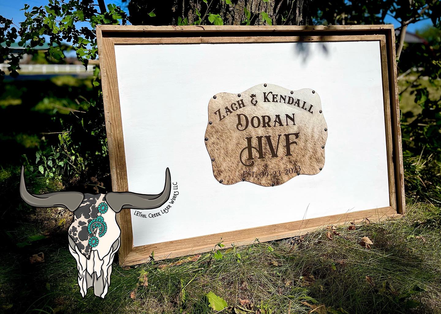 Get Branded Cowhide Guest Board Frame -  custom laser engraved cowhide and leather western decor by Lethal Creek Laser Works LLC