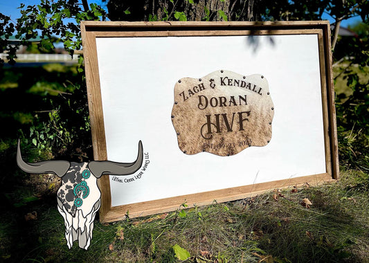 Get Branded Cowhide Guest Board Frame -  custom laser engraved cowhide and leather western decor by Lethal Creek Laser Works LLC