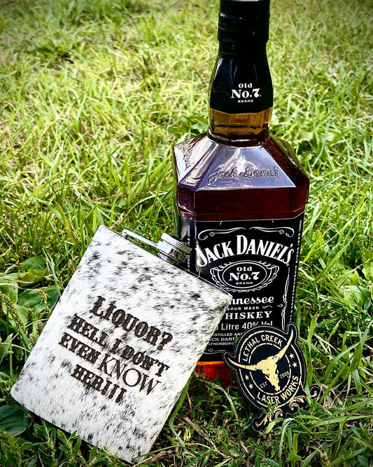 Get Branded Flasks 8oz -  custom laser engraved cowhide and leather western decor by Lethal Creek Laser Works LLC