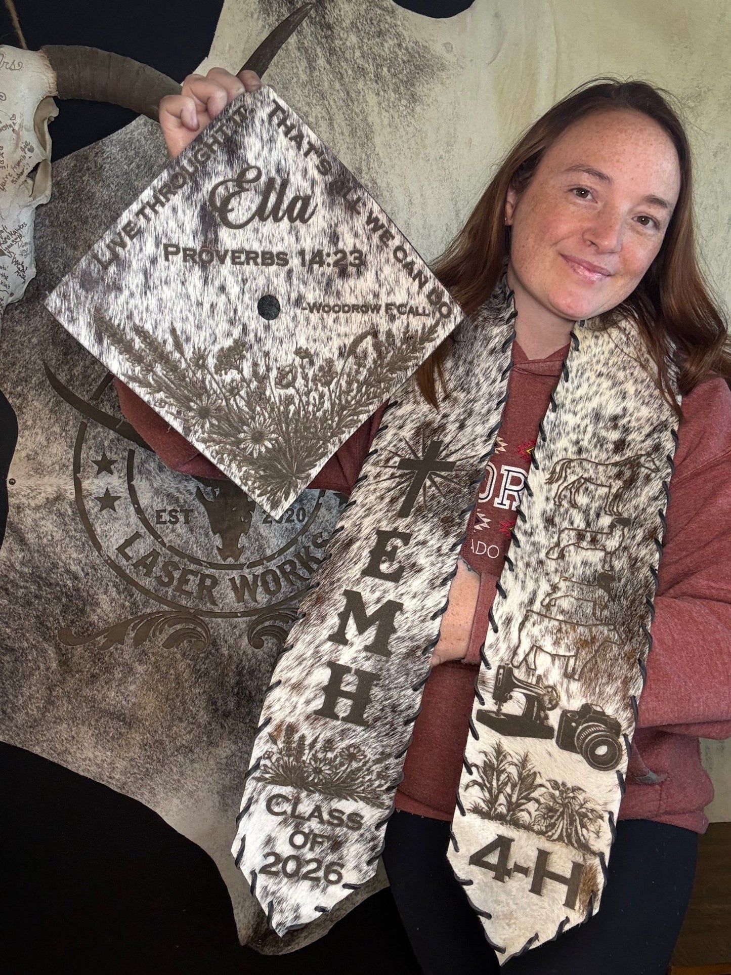 Graduation Cap Cover & Graduation Stole Set -  custom laser engraved cowhide and leather western decor by Lethal Creek Laser Works LLC
