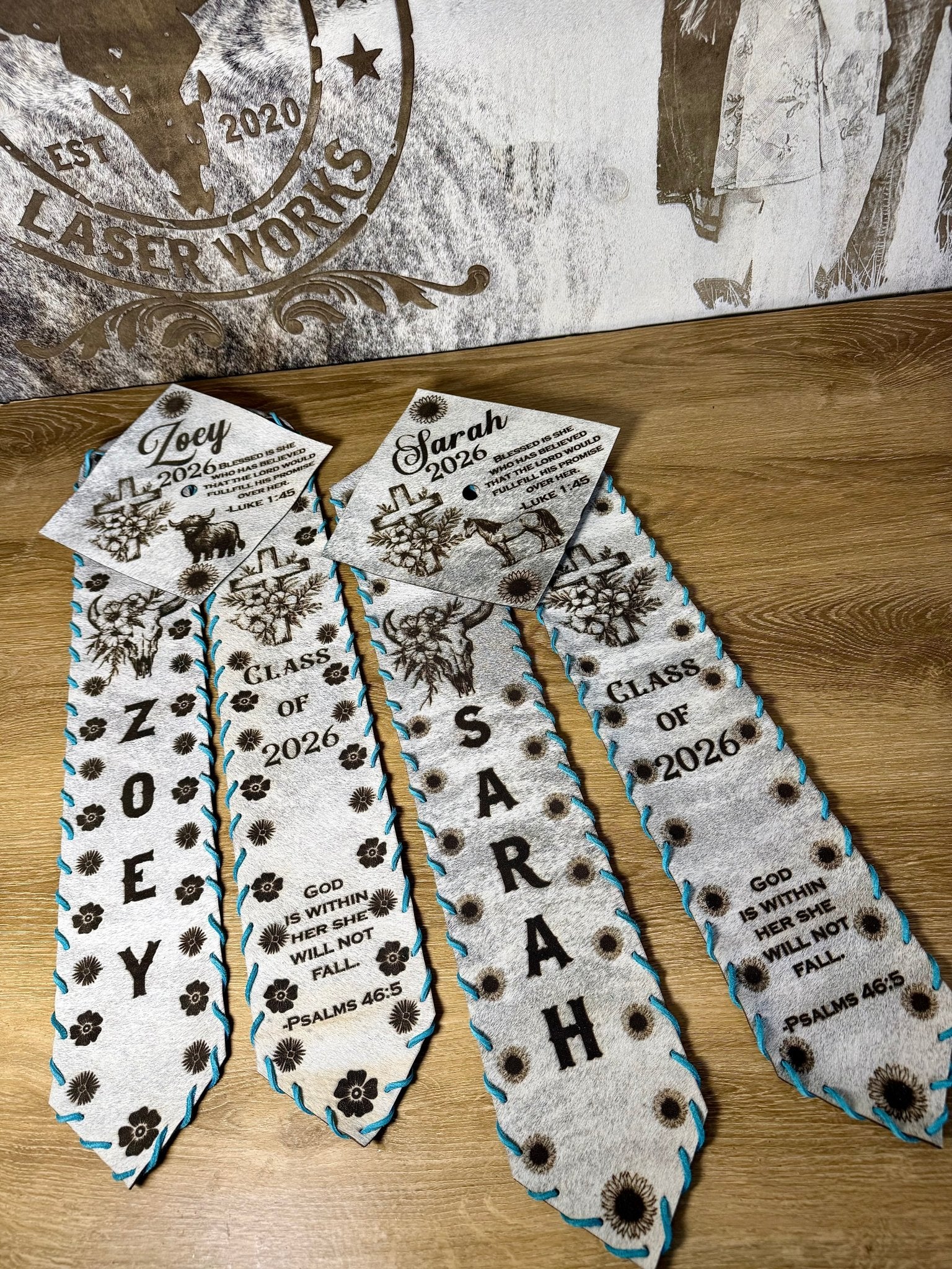 Graduation Cap Cover & Graduation Stole Set -  custom laser engraved cowhide and leather western decor by Lethal Creek Laser Works LLC