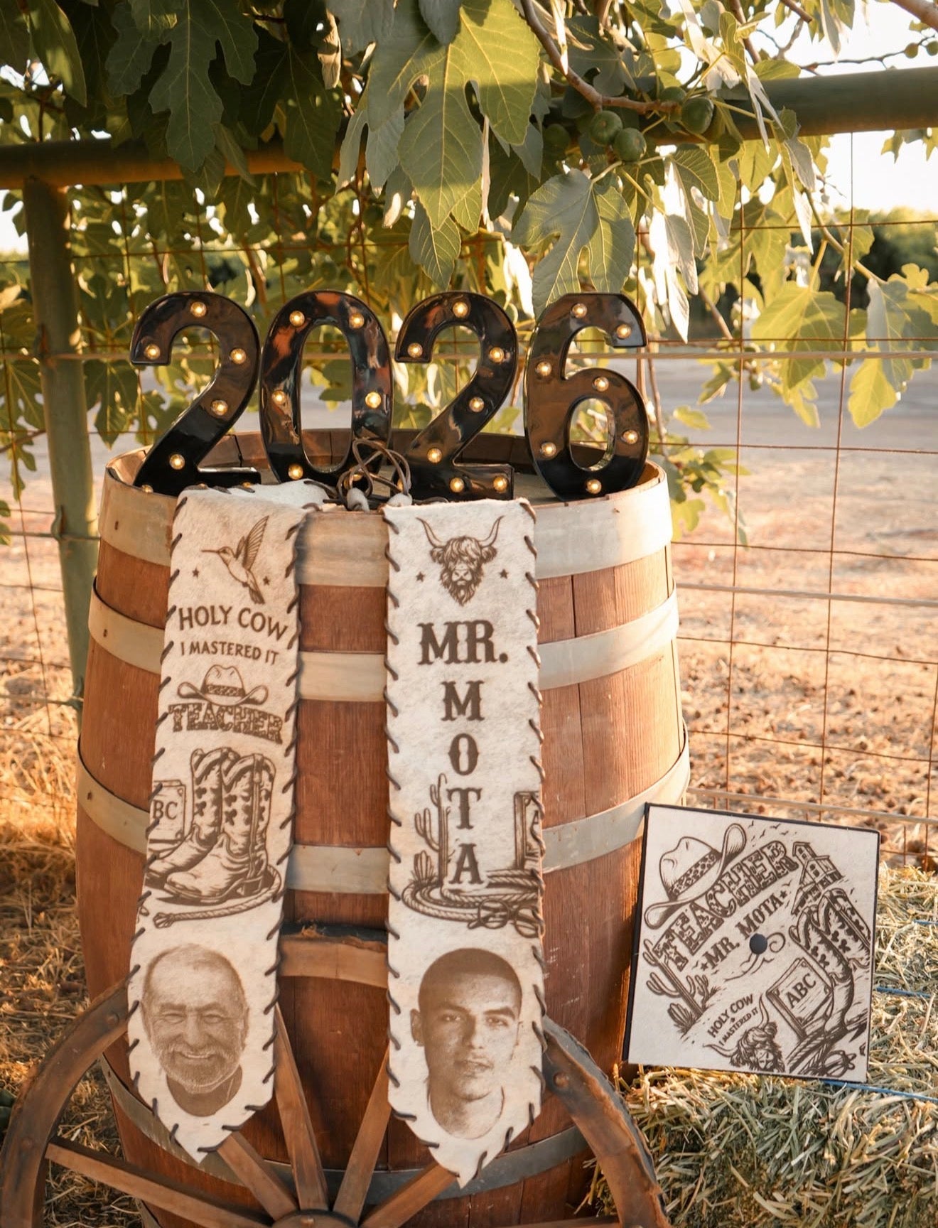 Graduation Cap Cover & Graduation Stole Set -  custom laser engraved cowhide and leather western decor by Lethal Creek Laser Works LLC