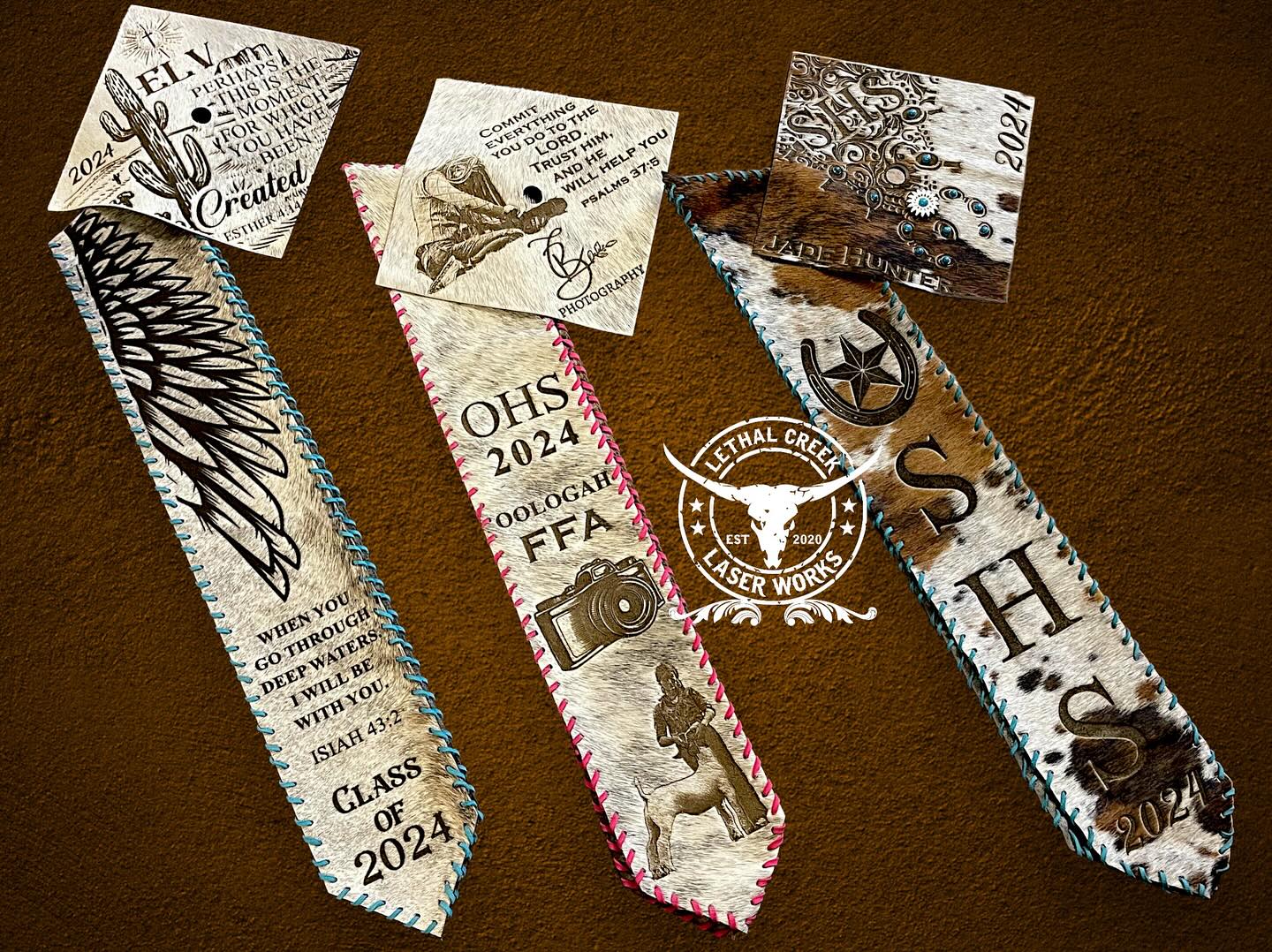 Graduation Cap Cover & Graduation Stole Set -  custom laser engraved cowhide and leather western decor by Lethal Creek Laser Works LLC