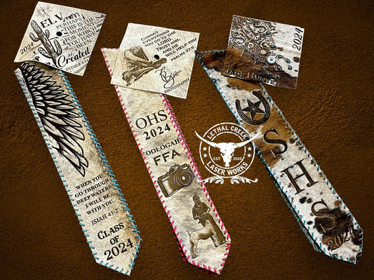 Graduation Cap Cover & Graduation Stole Set -  custom laser engraved cowhide and leather western decor by Lethal Creek Laser Works LLC