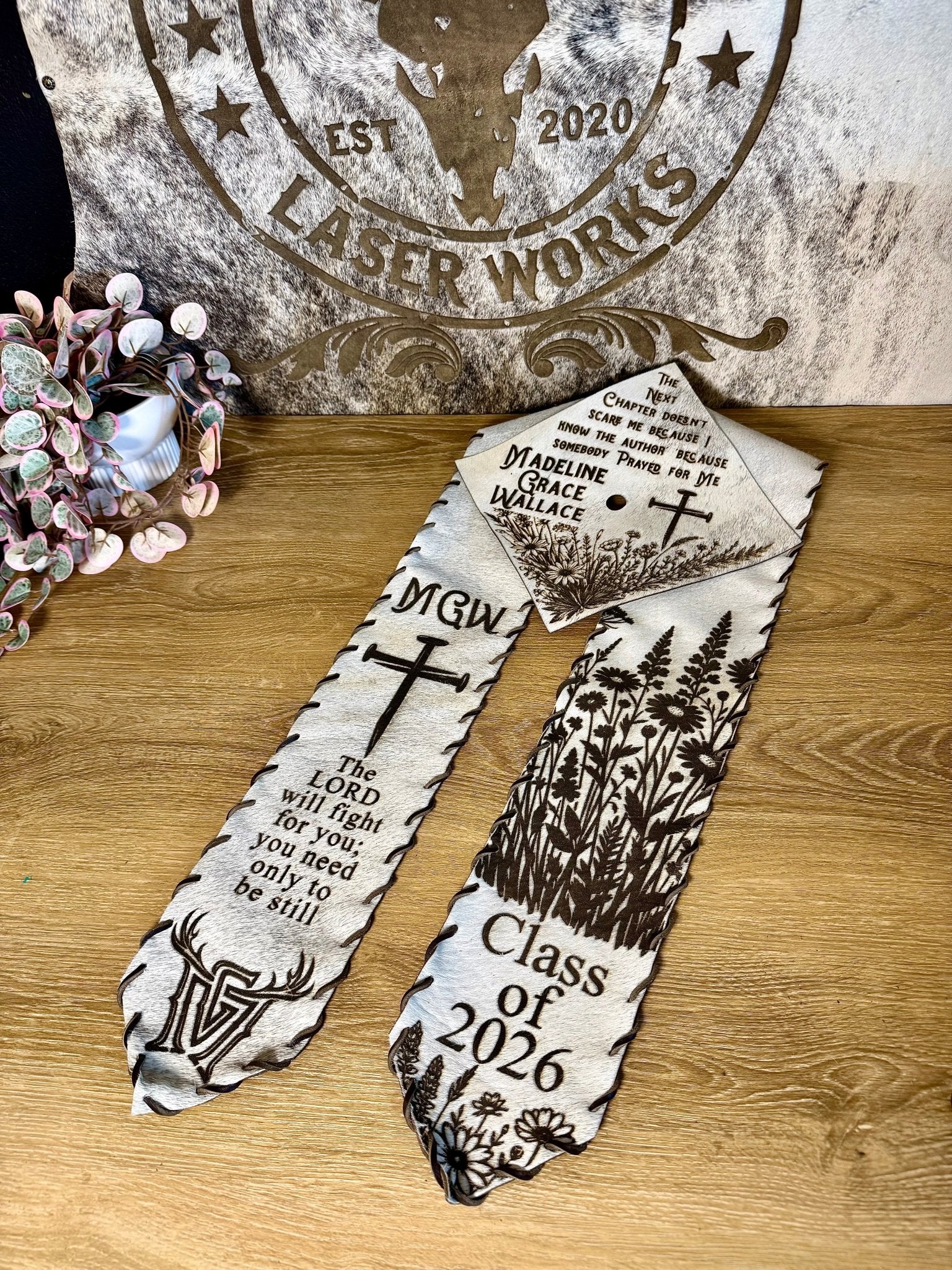 Graduation Cap Cover & Graduation Stole Set -  custom laser engraved cowhide and leather western decor by Lethal Creek Laser Works LLC