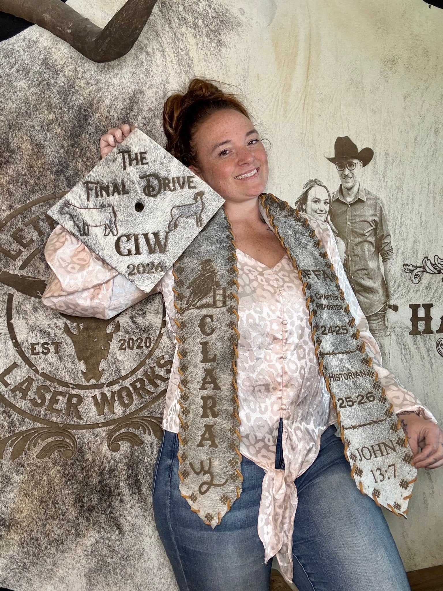 Graduation Cap Cover & Graduation Stole Set -  custom laser engraved cowhide and leather western decor by Lethal Creek Laser Works LLC