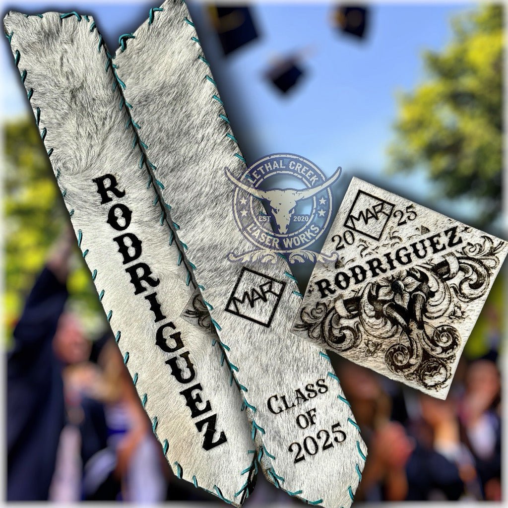 Graduation Cap Cover & Graduation Stole Set -  custom laser engraved cowhide and leather western decor by Lethal Creek Laser Works LLC