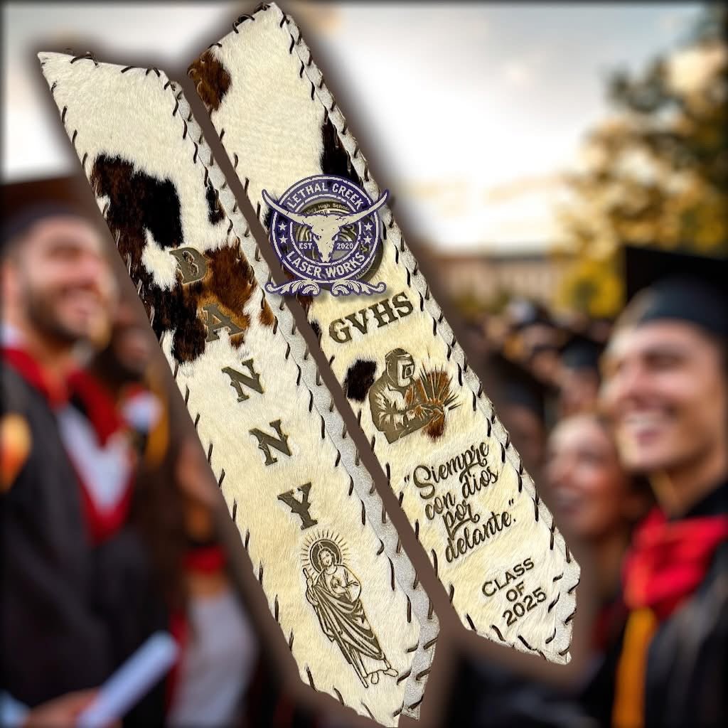 Graduation Cap Cover & Graduation Stole Set -  custom laser engraved cowhide and leather western decor by Lethal Creek Laser Works LLC