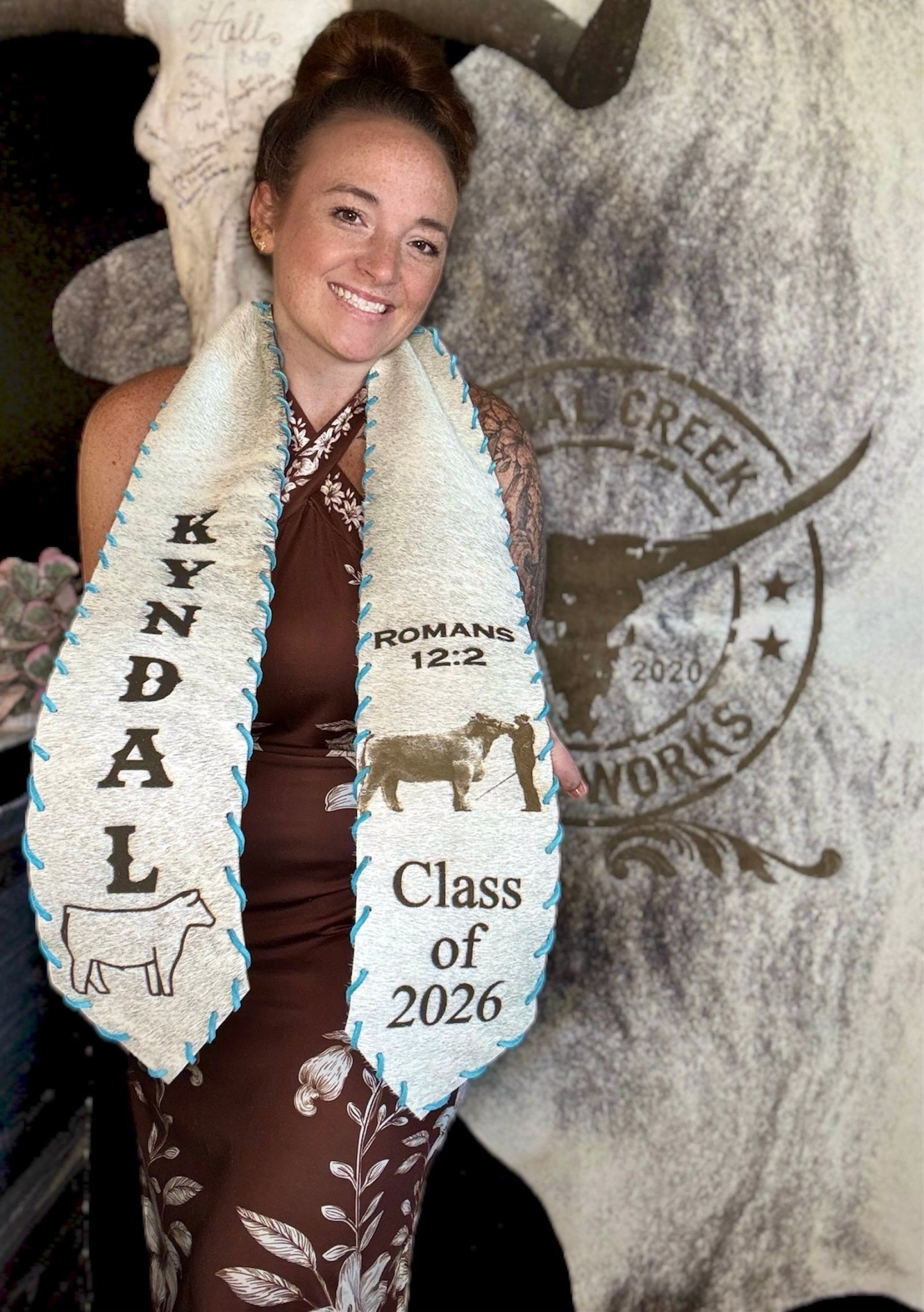Graduation Cap Cover & Graduation Stole Set -  custom laser engraved cowhide and leather western decor by Lethal Creek Laser Works LLC