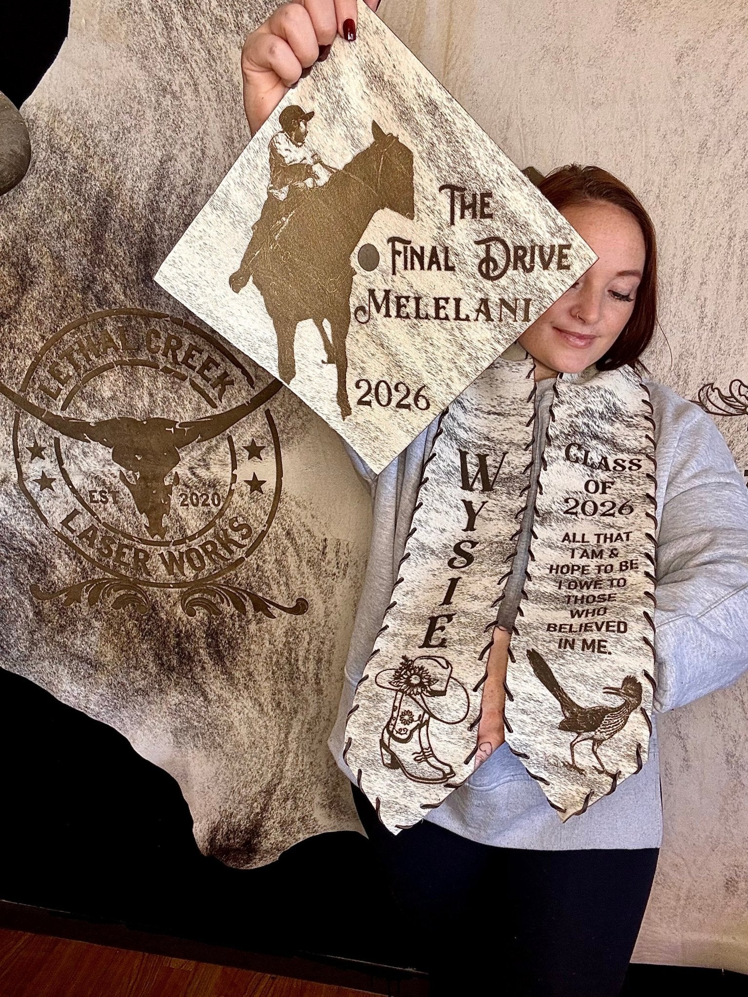 Graduation Cap Cover & Graduation Stole Set -  custom laser engraved cowhide and leather western decor by Lethal Creek Laser Works LLC