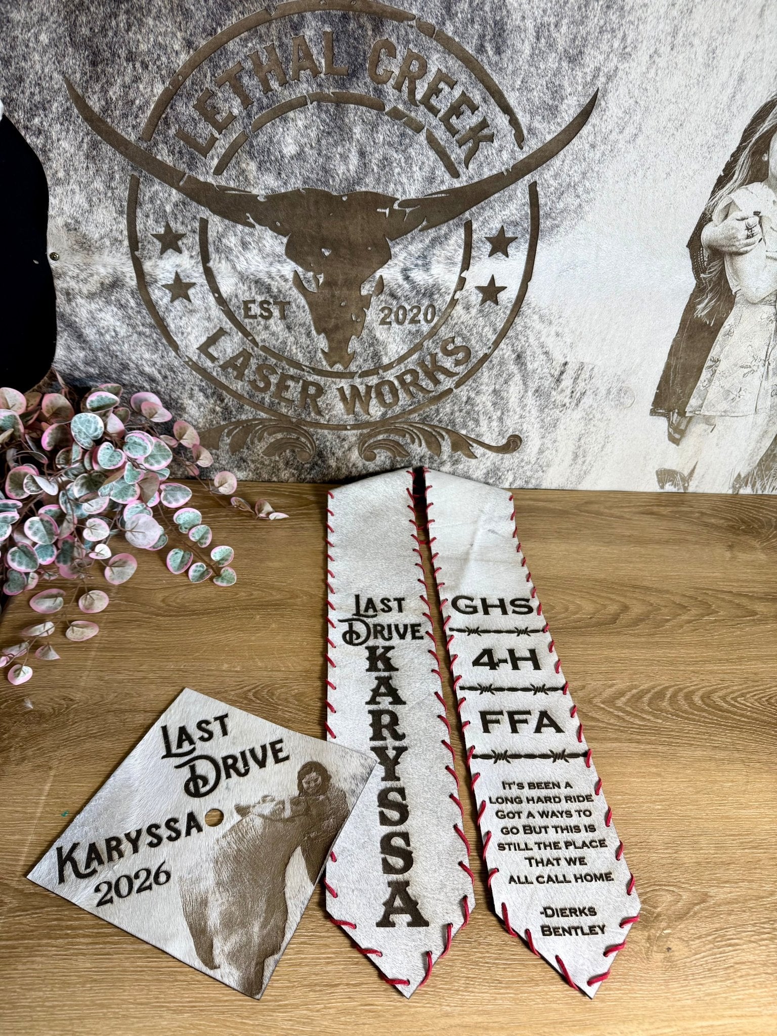 Graduation Cap Cover & Graduation Stole Set -  custom laser engraved cowhide and leather western decor by Lethal Creek Laser Works LLC