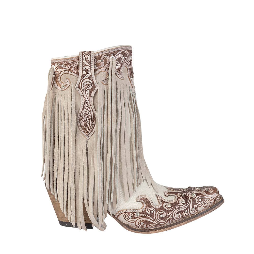 Hannah Canyon Fringed Hand-tooled Boots -  custom laser engraved cowhide and leather western decor by Lethal Creek Laser Works LLC
