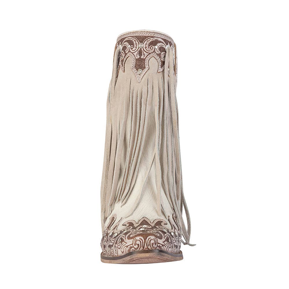 Hannah Canyon Fringed Hand-tooled Boots -  custom laser engraved cowhide and leather western decor by Lethal Creek Laser Works LLC
