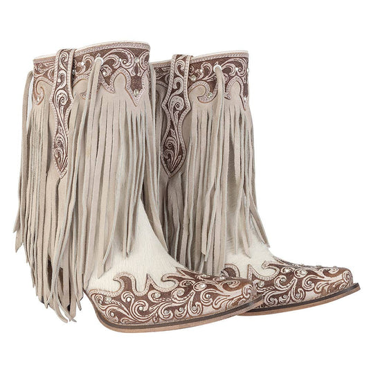Hannah Canyon Fringed Hand-tooled Boots -  custom laser engraved cowhide and leather western decor by Lethal Creek Laser Works LLC