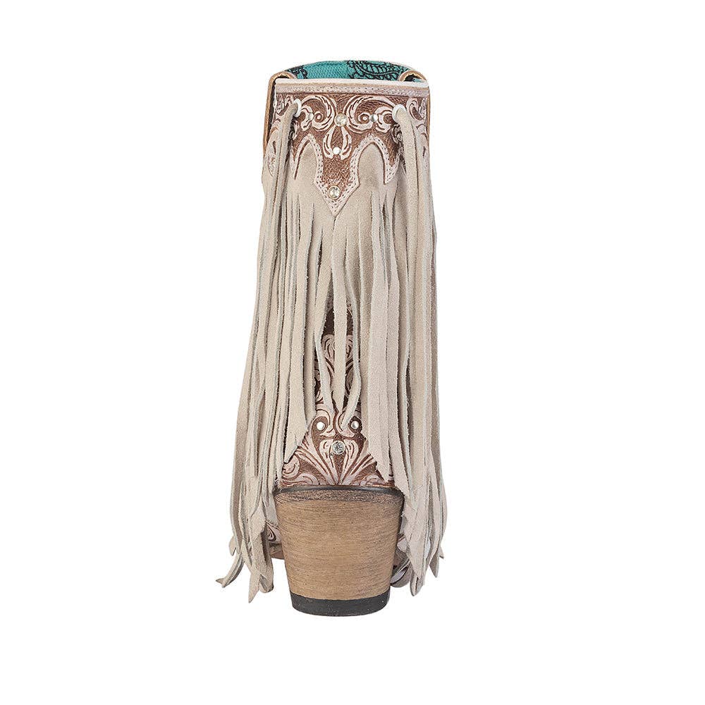 Hannah Canyon Fringed Hand-tooled Boots -  custom laser engraved cowhide and leather western decor by Lethal Creek Laser Works LLC