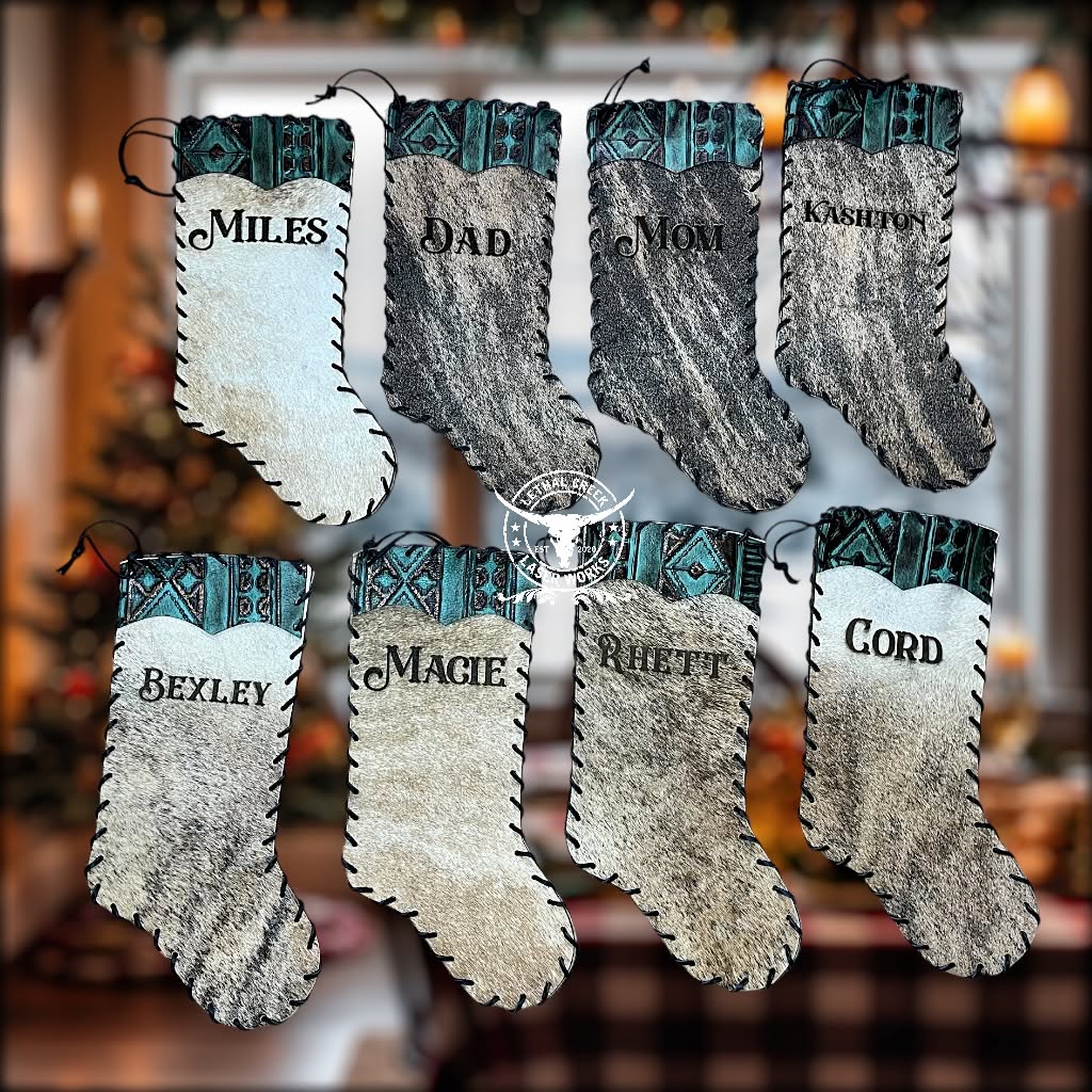 Large personalized family set of cowhide Christmas stockings with names and assorted hide patterns