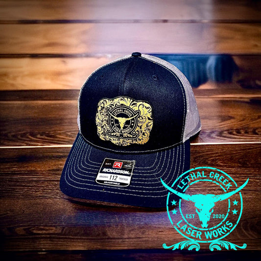 Lethal Creek Trucker Hats -  custom laser engraved cowhide and leather western decor by Lethal Creek Laser Works LLC