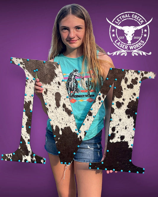 LETTER MONOGRAM -  custom laser engraved cowhide and leather western decor by Lethal Creek Laser Works LLC