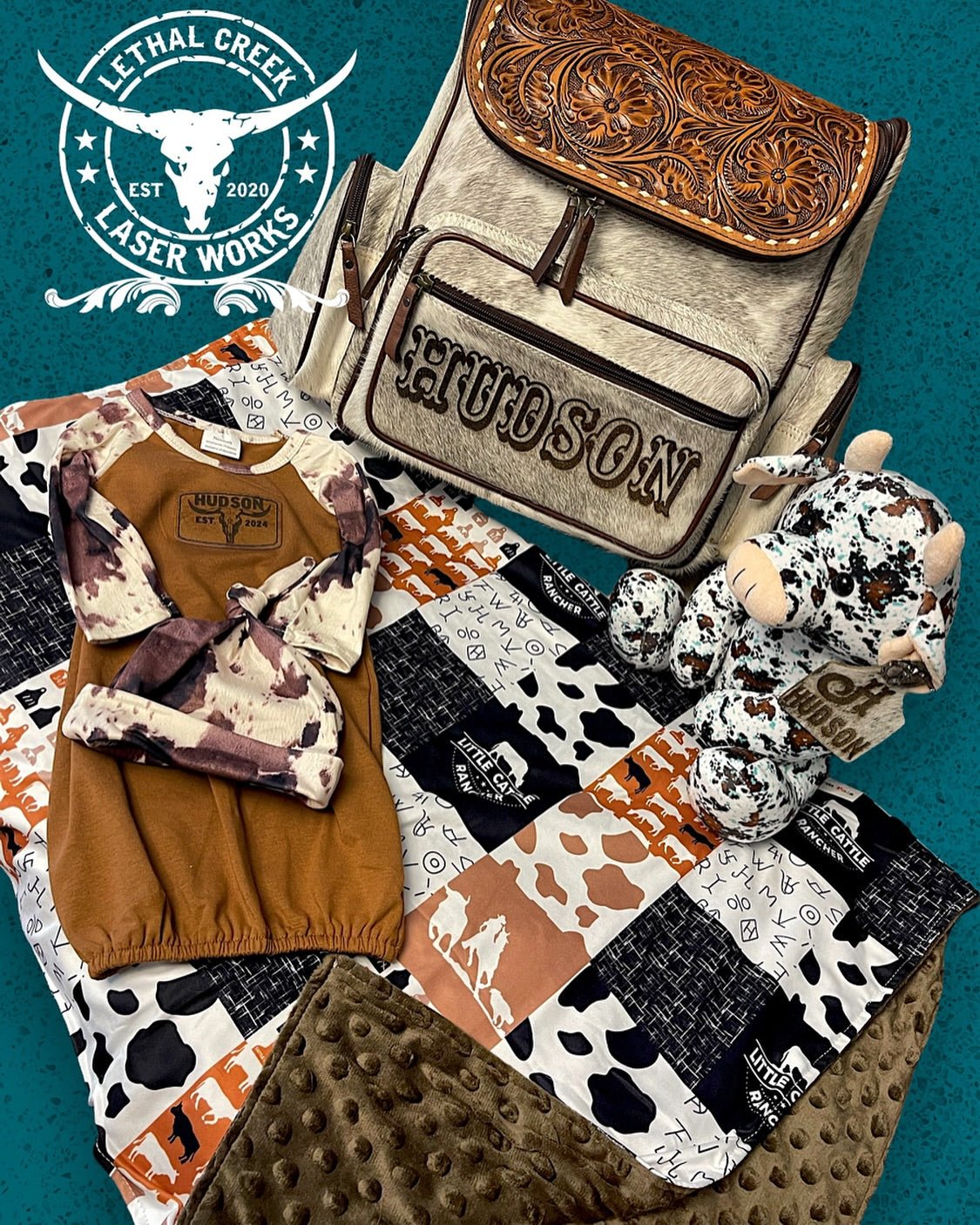 Little Cattle Rancher Bundle Deal -  custom laser engraved cowhide and leather western decor by Lethal Creek Laser Works LLC