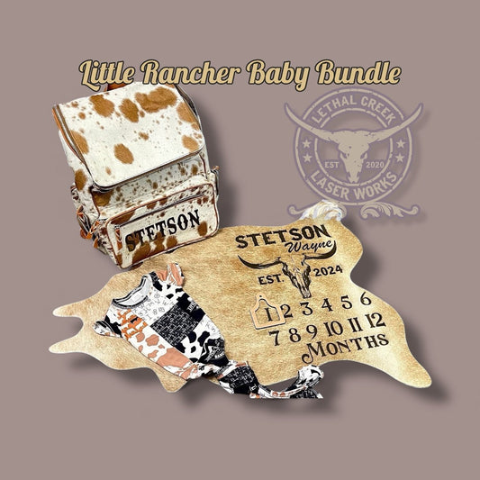 Little Rancher Baby Bundle | Personalized Western Baby Gift Set -  custom laser engraved cowhide and leather western decor by Lethal Creek Laser Works LLC