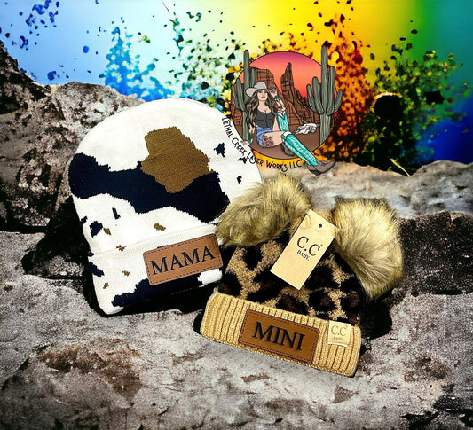 MAMA & MINI Beanie -  custom laser engraved cowhide and leather western decor by Lethal Creek Laser Works LLC