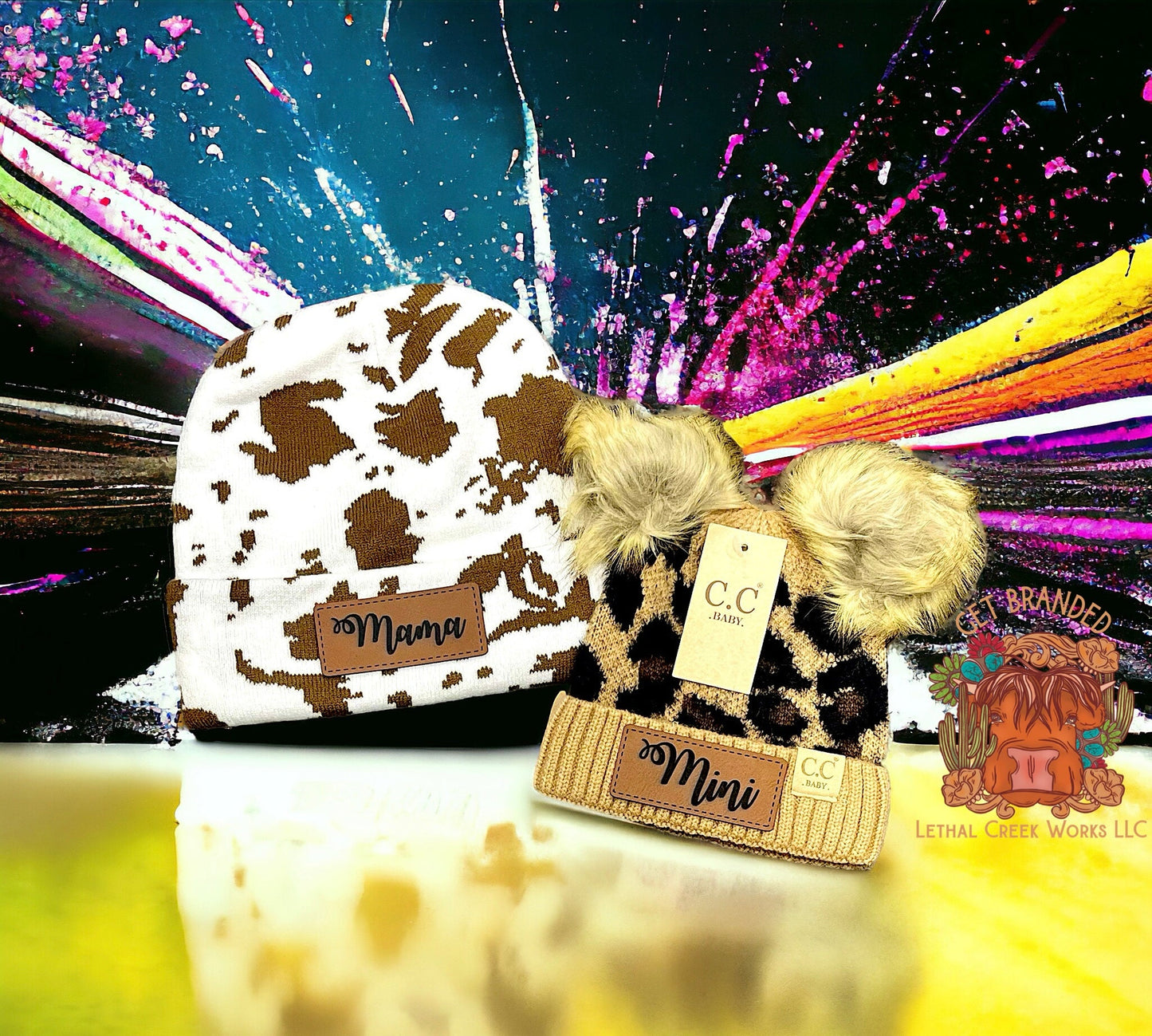 MAMA & MINI BEANIES -  custom laser engraved cowhide and leather western decor by Lethal Creek Laser Works LLC