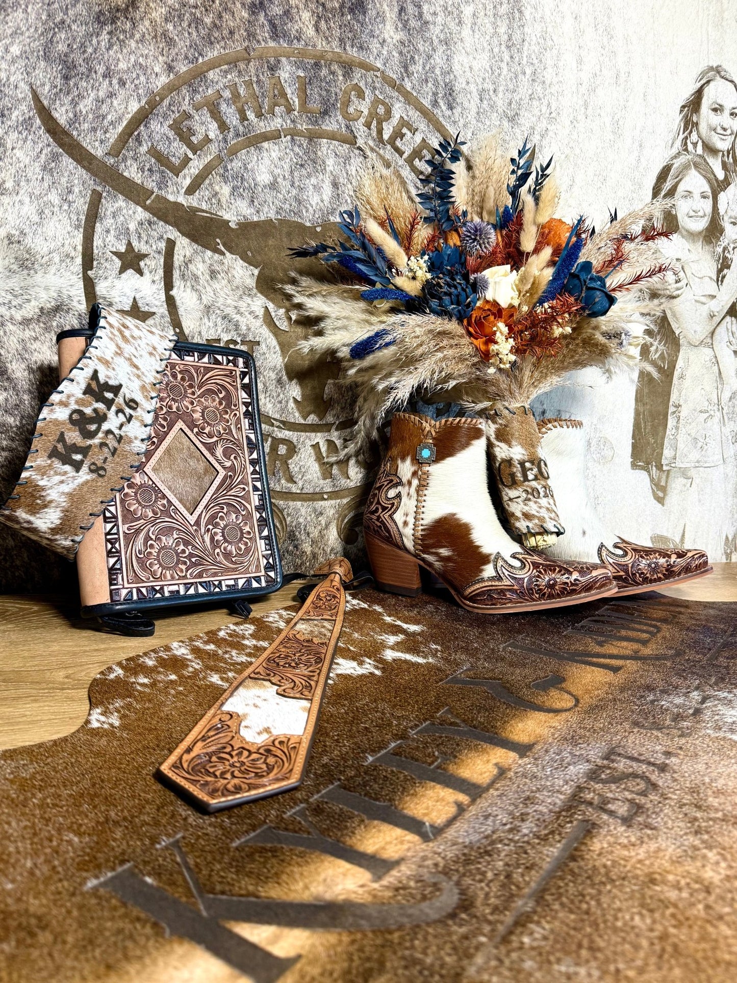 Mesa Hideaway Booties in Caramel -  custom laser engraved cowhide and leather western decor by Lethal Creek Laser Works LLC