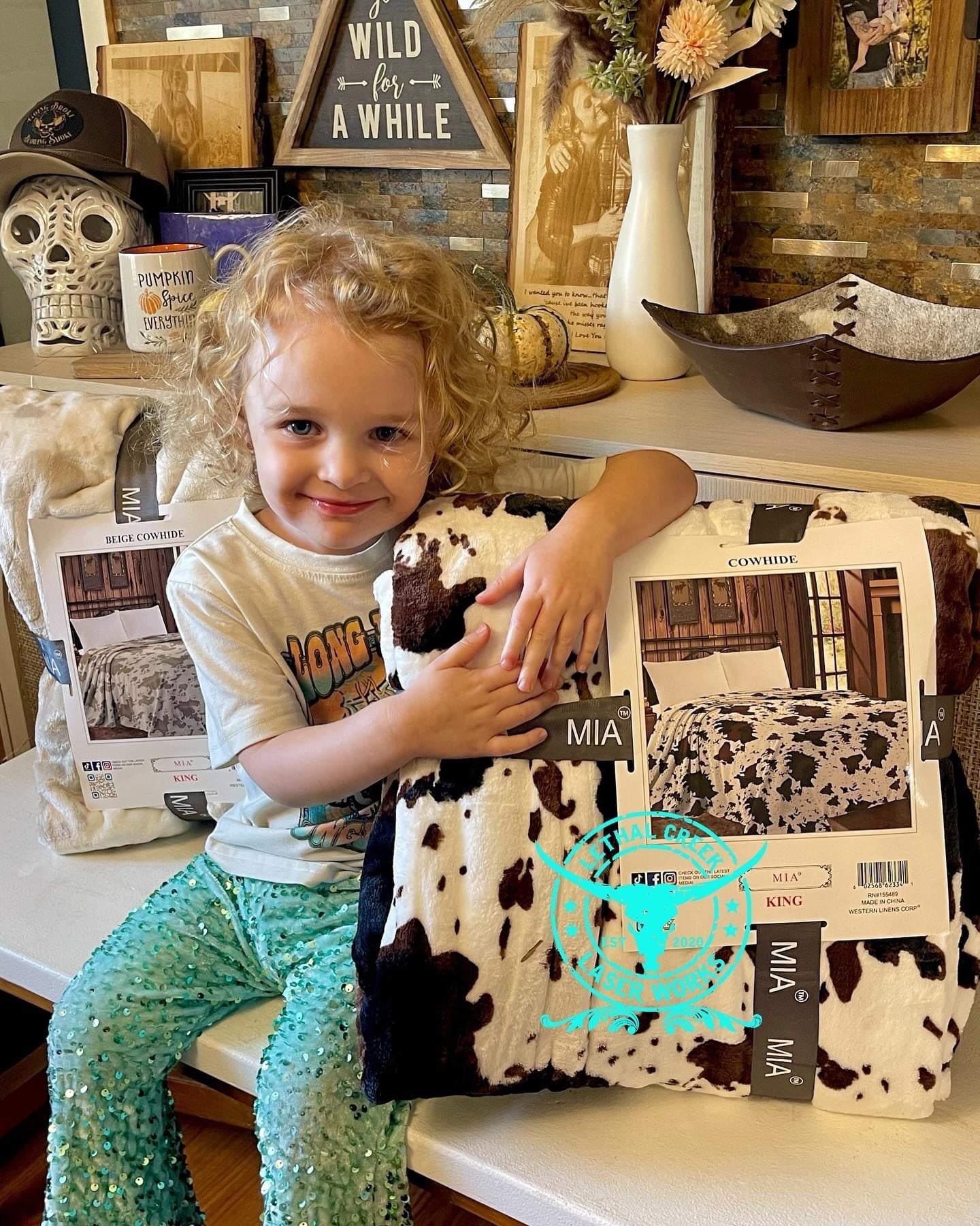 Mia COWPRINT KING BLANKET -  custom laser engraved cowhide and leather western decor by Lethal Creek Laser Works LLC