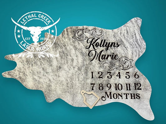 MILESTONE COWHIDE -  custom laser engraved cowhide and leather western decor by Lethal Creek Laser Works LLC