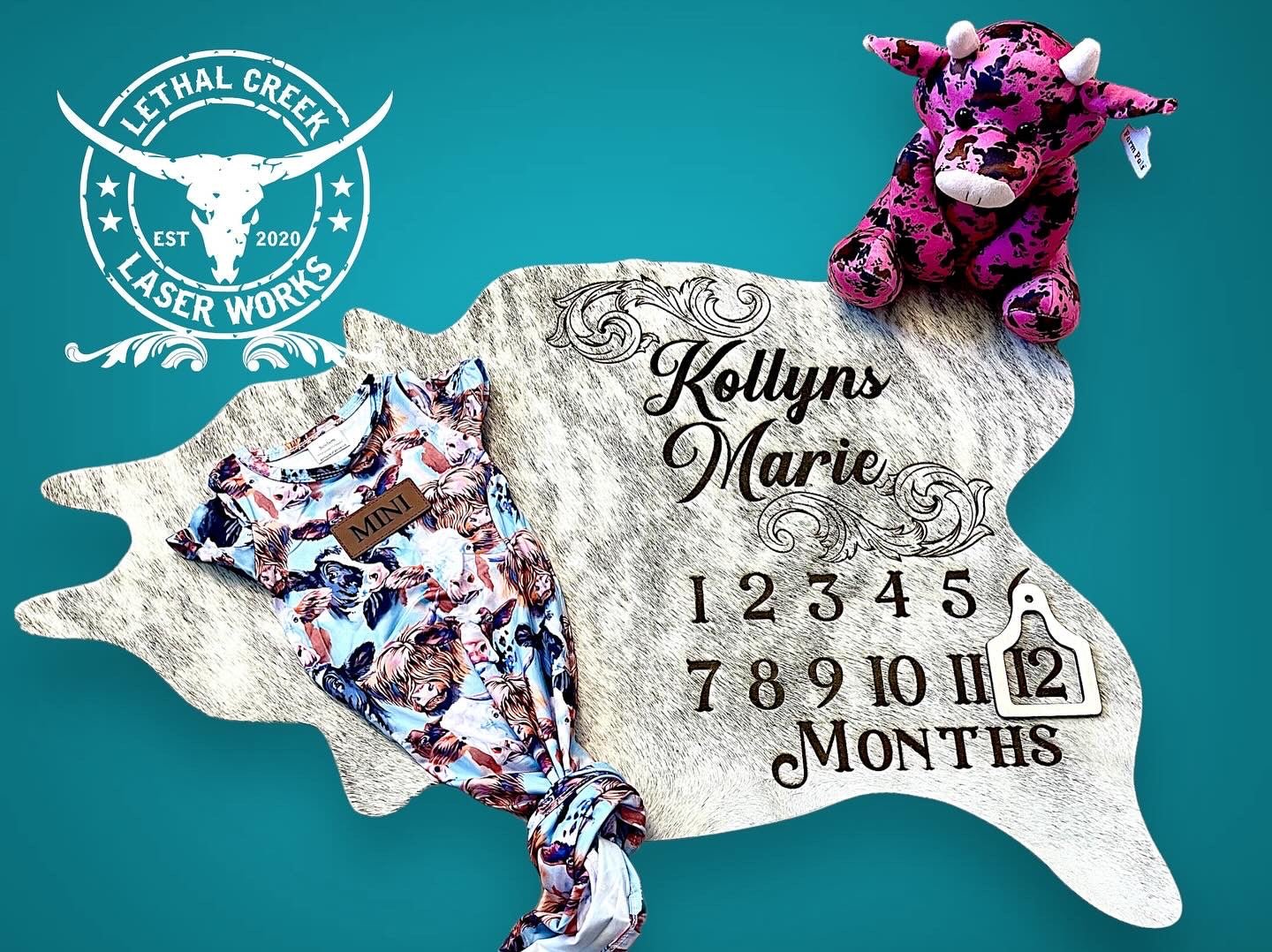 MILESTONE COWHIDE -  custom laser engraved cowhide and leather western decor by Lethal Creek Laser Works LLC