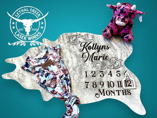 MILESTONE COWHIDE -  custom laser engraved cowhide and leather western decor by Lethal Creek Laser Works LLC
