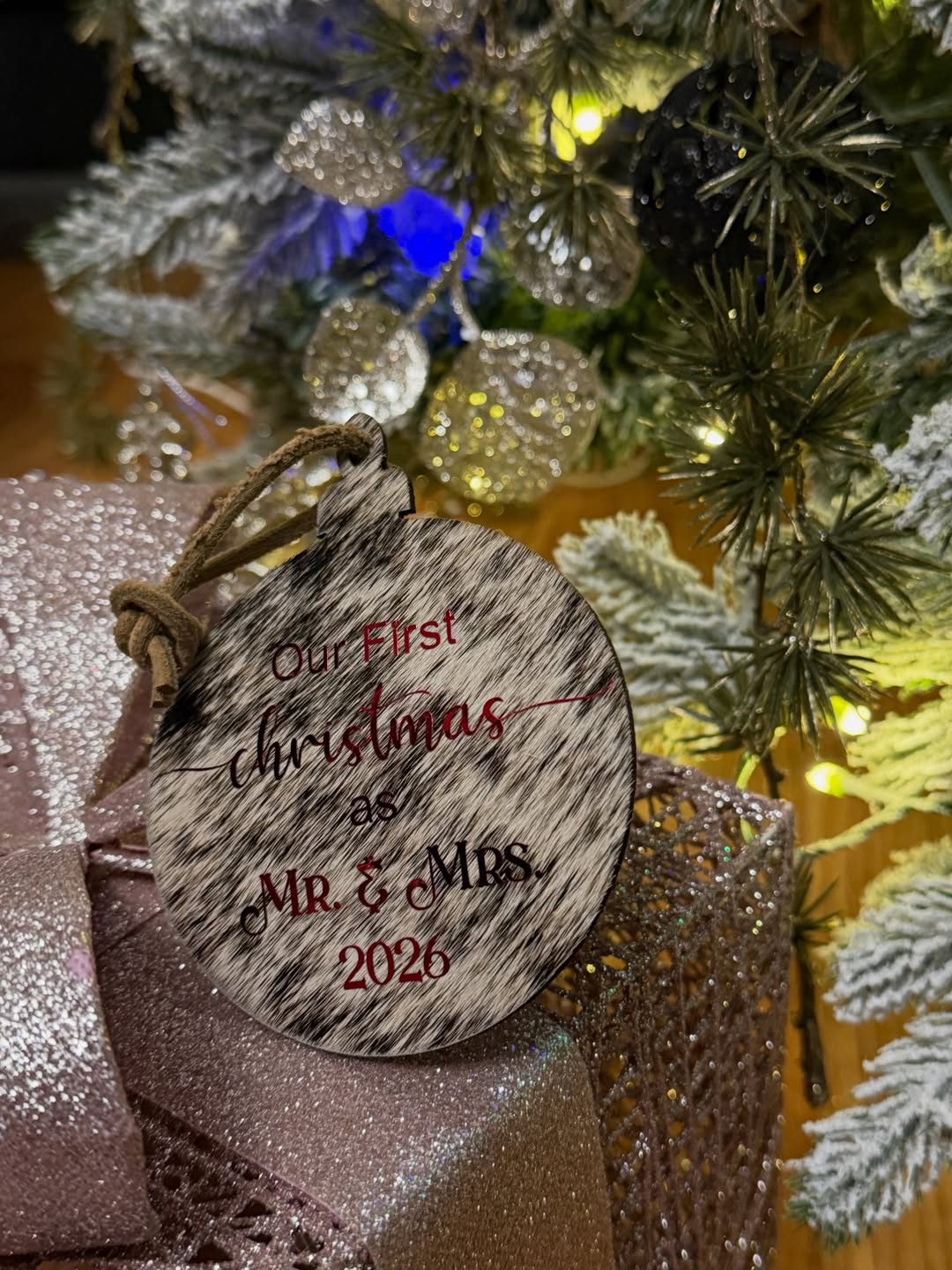 Personalized Mr. and Mrs. cowhide Christmas ornament with wedding date and color printed design