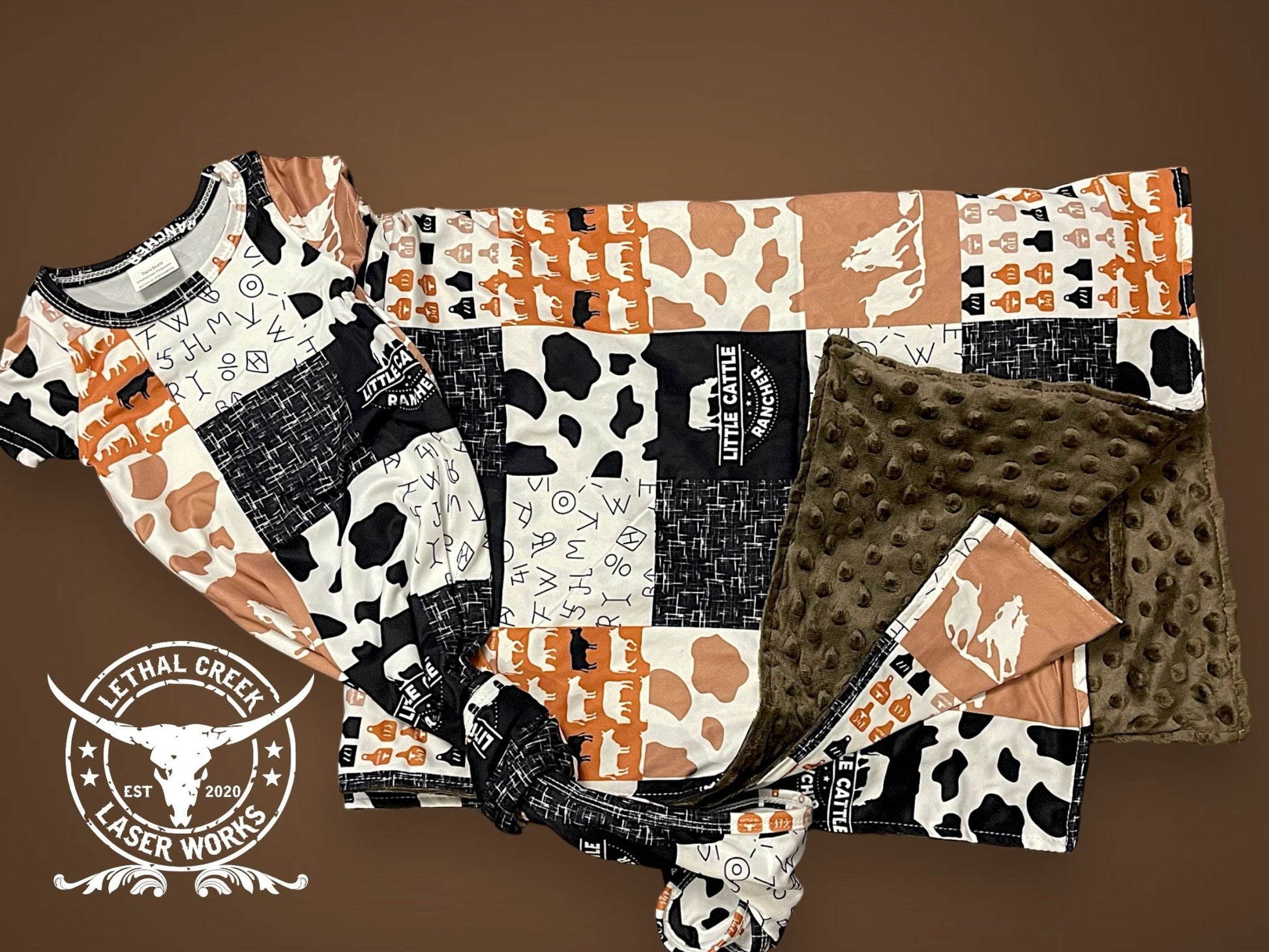 NB outfit & Minkey -  custom laser engraved cowhide and leather western decor by Lethal Creek Laser Works LLC