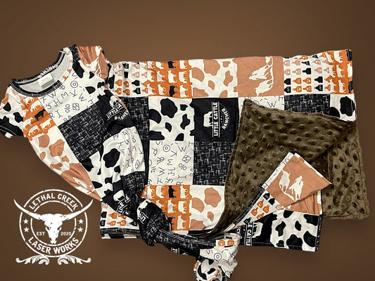 NB outfit & Minkey -  custom laser engraved cowhide and leather western decor by Lethal Creek Laser Works LLC