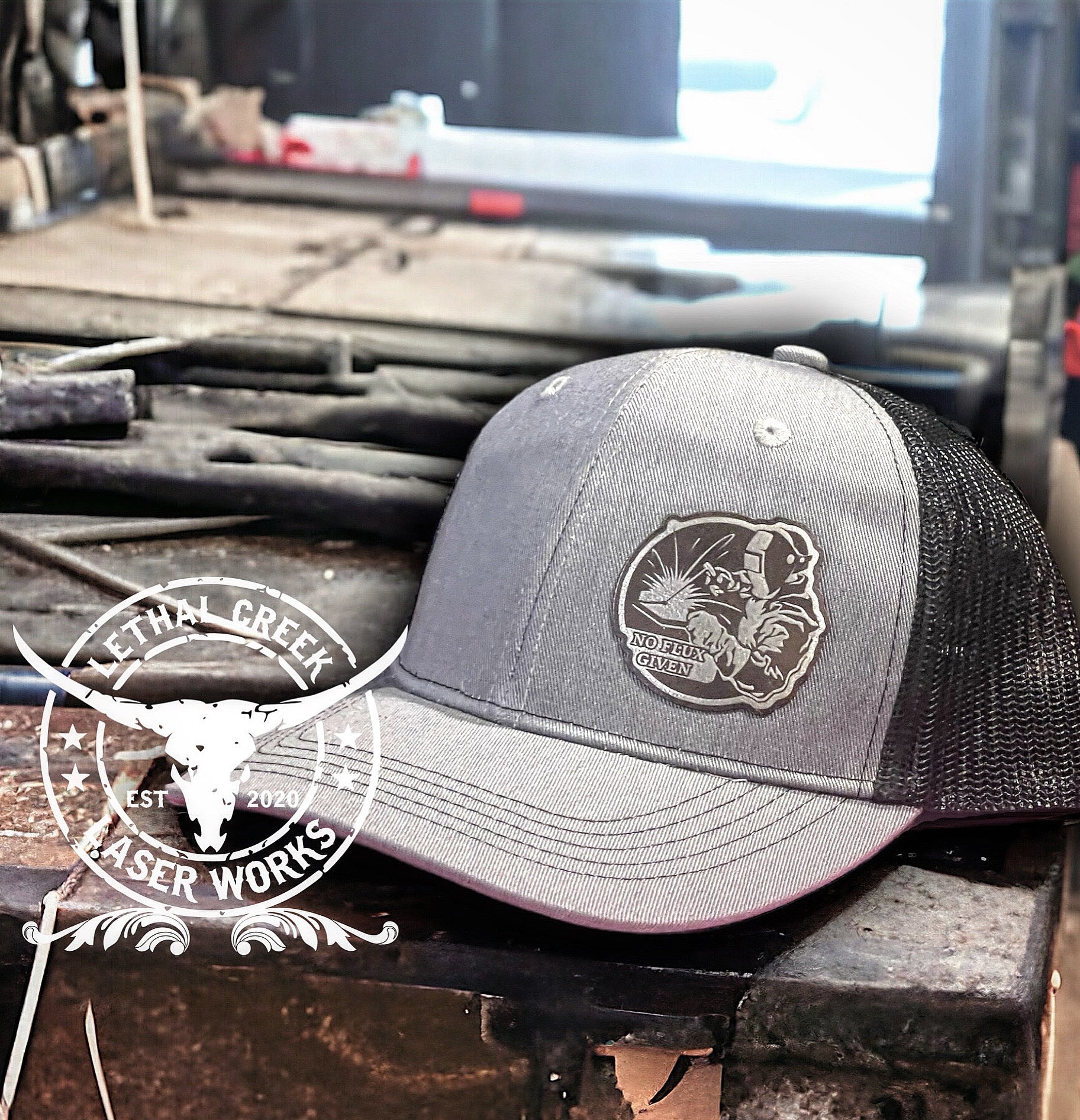 NO FLUX GIVEN Trucker Hat -  custom laser engraved cowhide and leather western decor by Lethal Creek Laser Works LLC