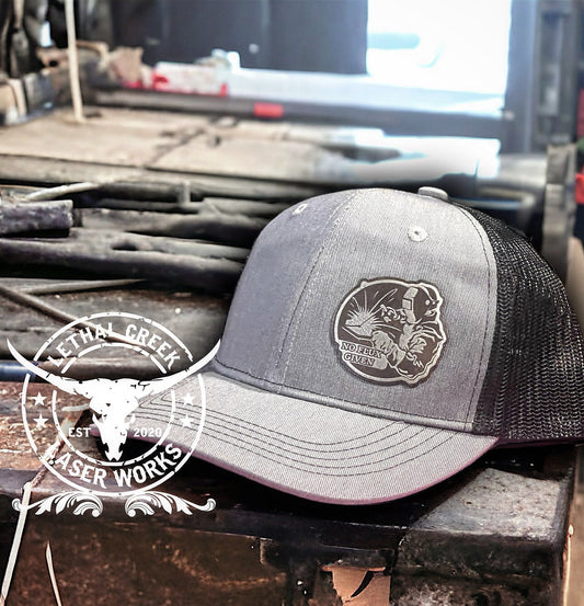 NO FLUX GIVEN Trucker Hat -  custom laser engraved cowhide and leather western decor by Lethal Creek Laser Works LLC